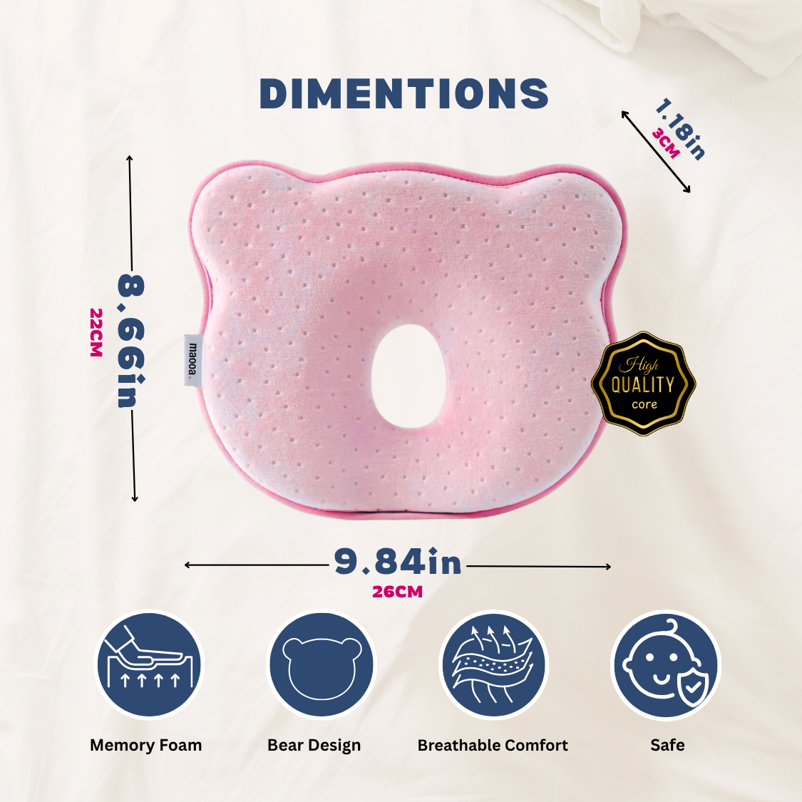 maooa™ Premium Memory Foam Baby Pillow – Pink
