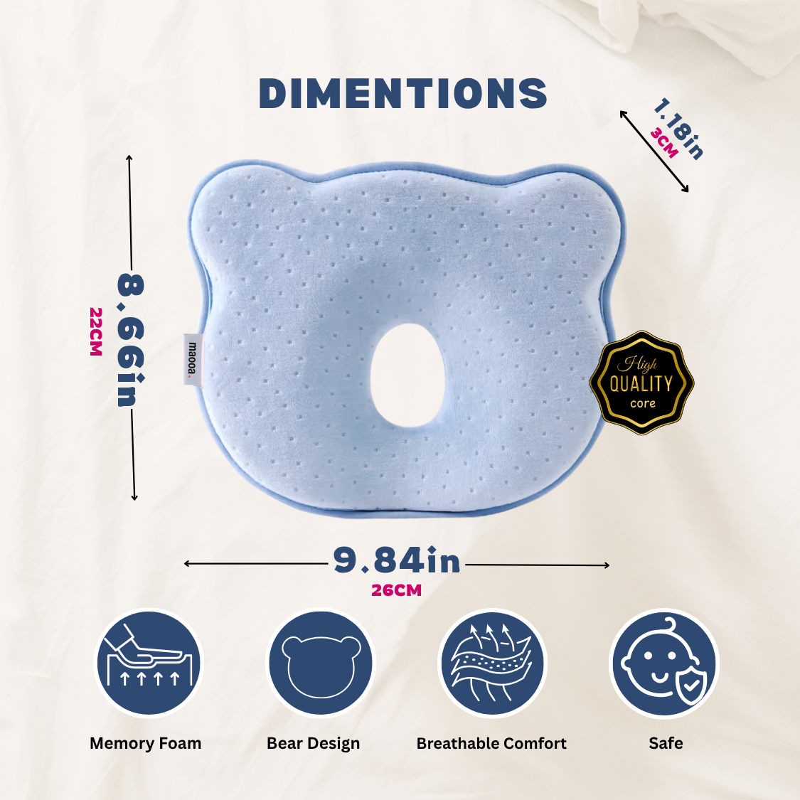 maooa™ Premium Memory Foam Baby Pillow – Blue