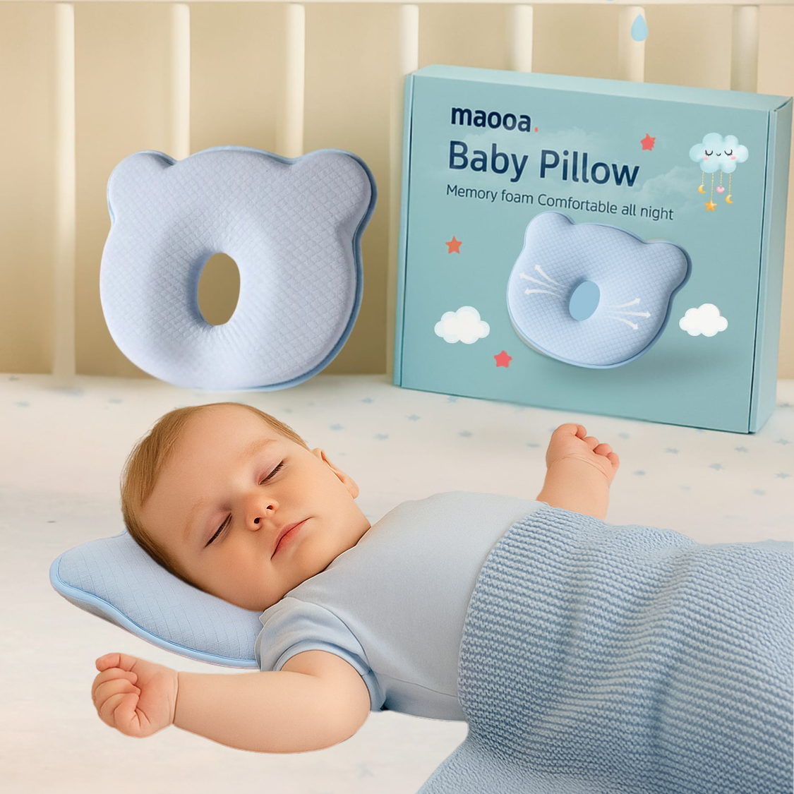 maooa™ Memory Foam Baby Pillow – Blue