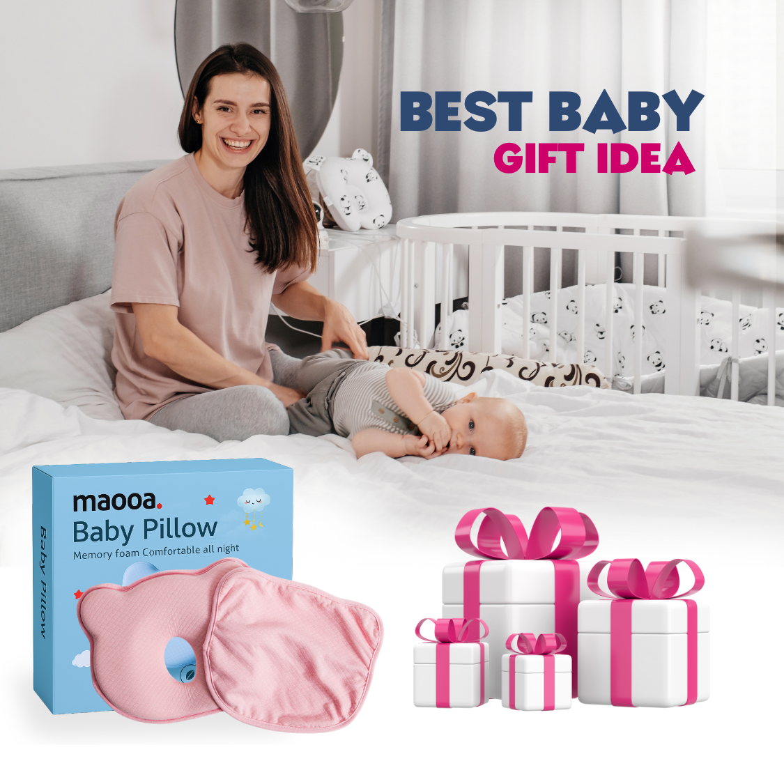 maooa™ Memory Foam Baby Pillow with Washable Cover – Pink